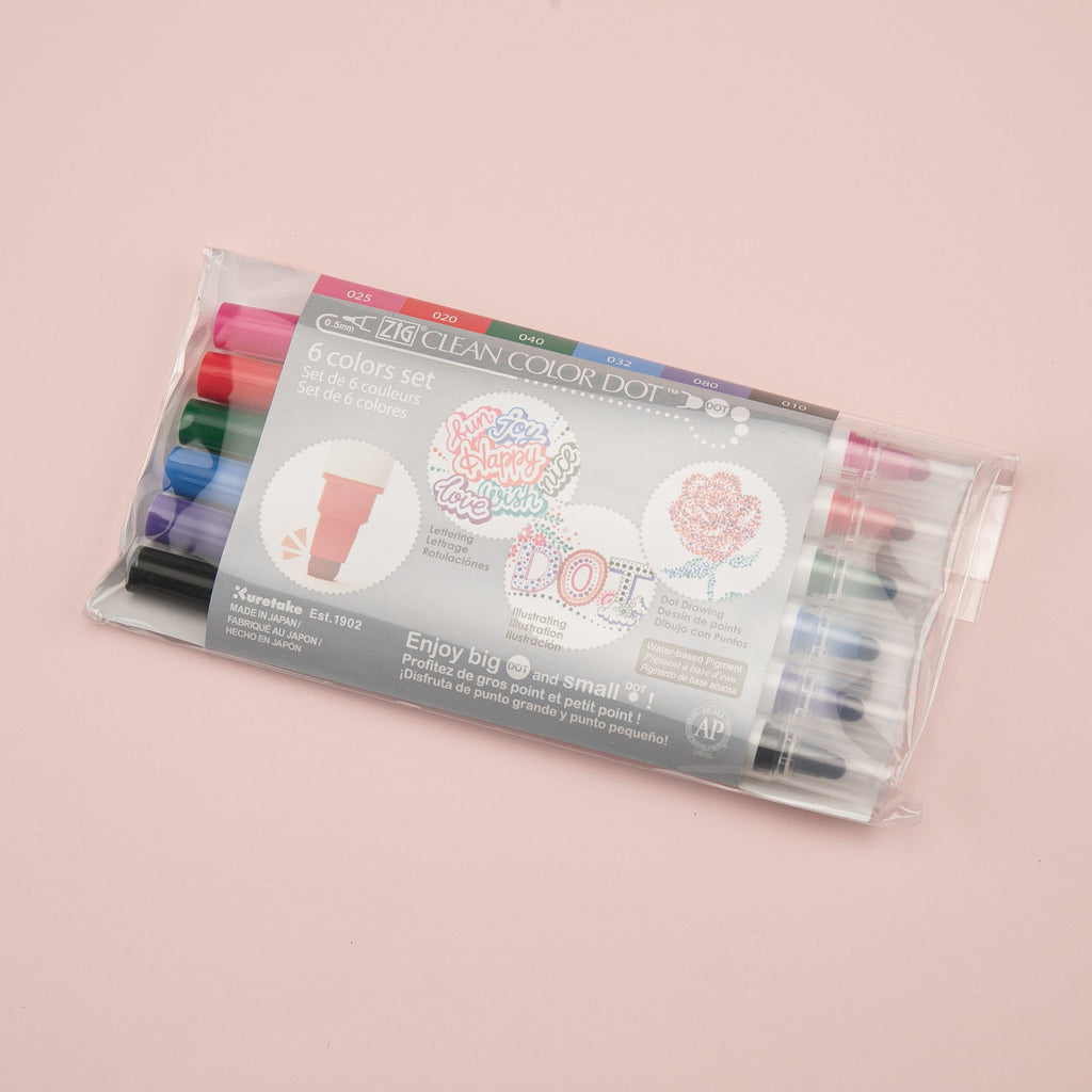 Kuretake Zig Clean Colour Dot Basic Double-Sided Marker - 6 Color Set - Stationery Pal
